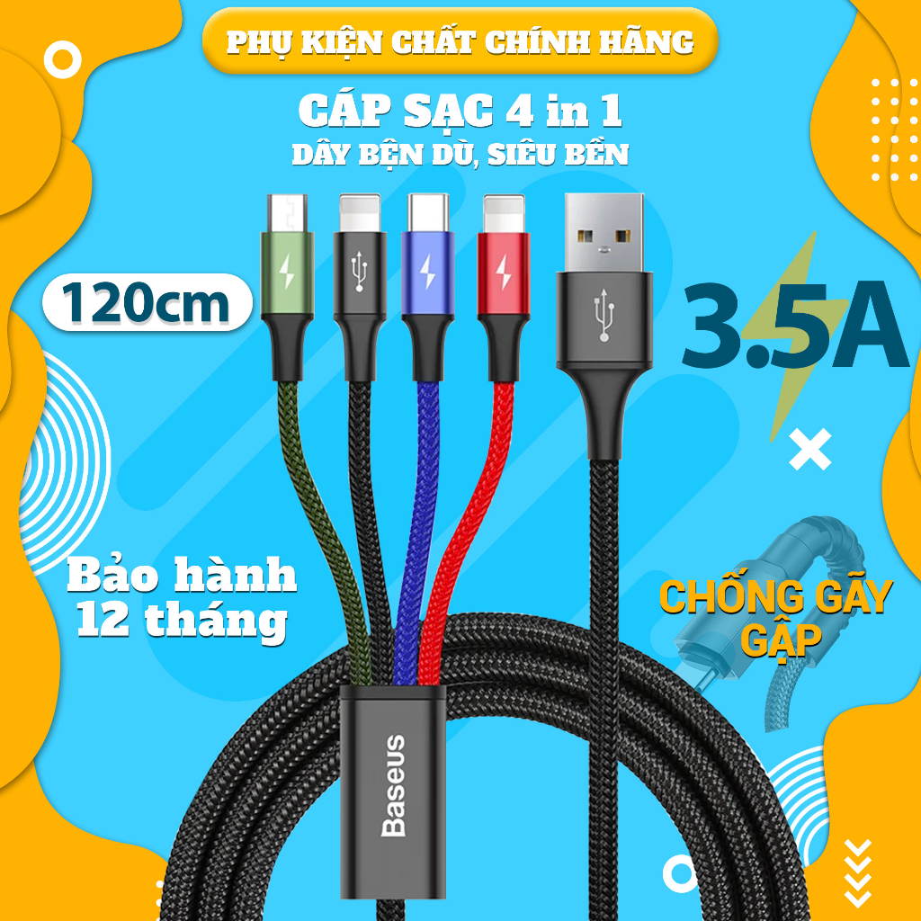 Dây sạc đa năng Baseus 4 in 1, cáp sạc nhiều đầu hỗ trợ dòng điện lên tới 3.5A, hàng cao cấp chính hãng 100% - BH 12T.