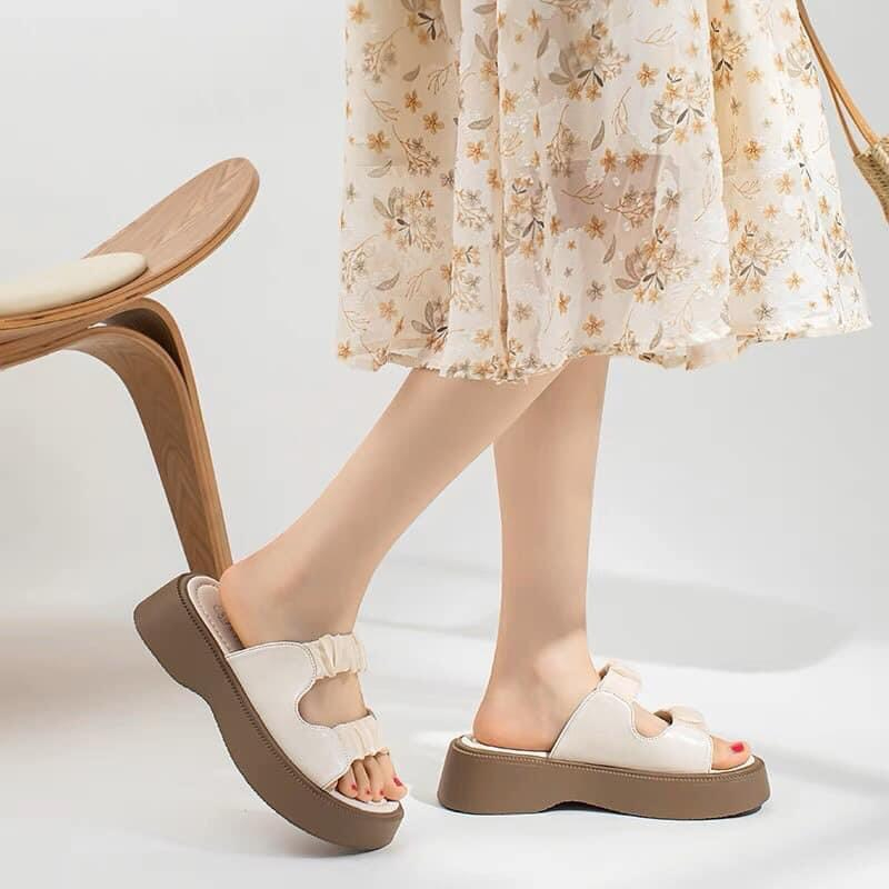 Dép bánh mì nữ độn đế 4-5 cm , dép quai ngang chao chất liệu da kiểu ulzzang unisex học sinh siêu đẹp