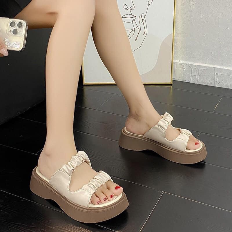 Dép bánh mì nữ độn đế 4-5 cm , dép quai ngang chao chất liệu da kiểu ulzzang unisex học sinh siêu đẹp