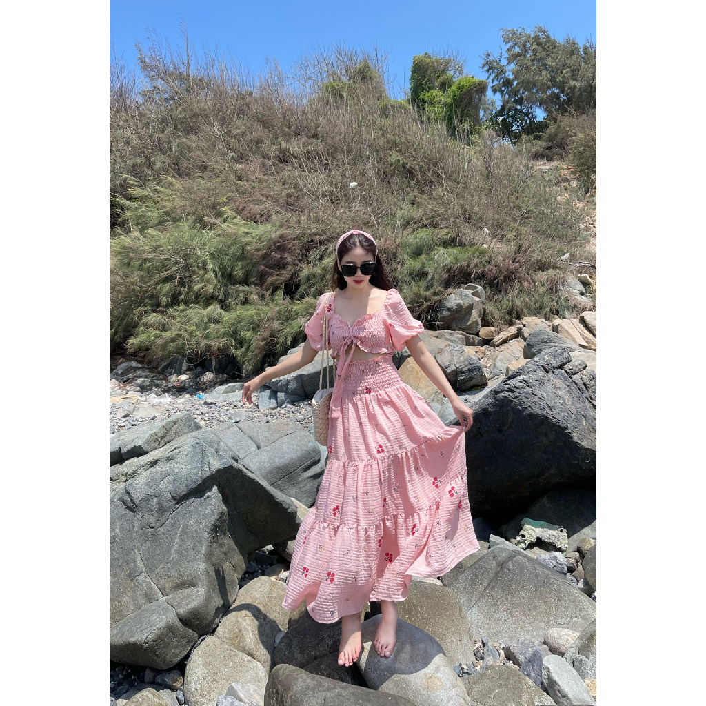 Set váy maxi đi biển dáng dài phối áo croptop tay bồng HABII SE11 [CÓ BIGSIZE] | BigBuy360 - bigbuy360.vn