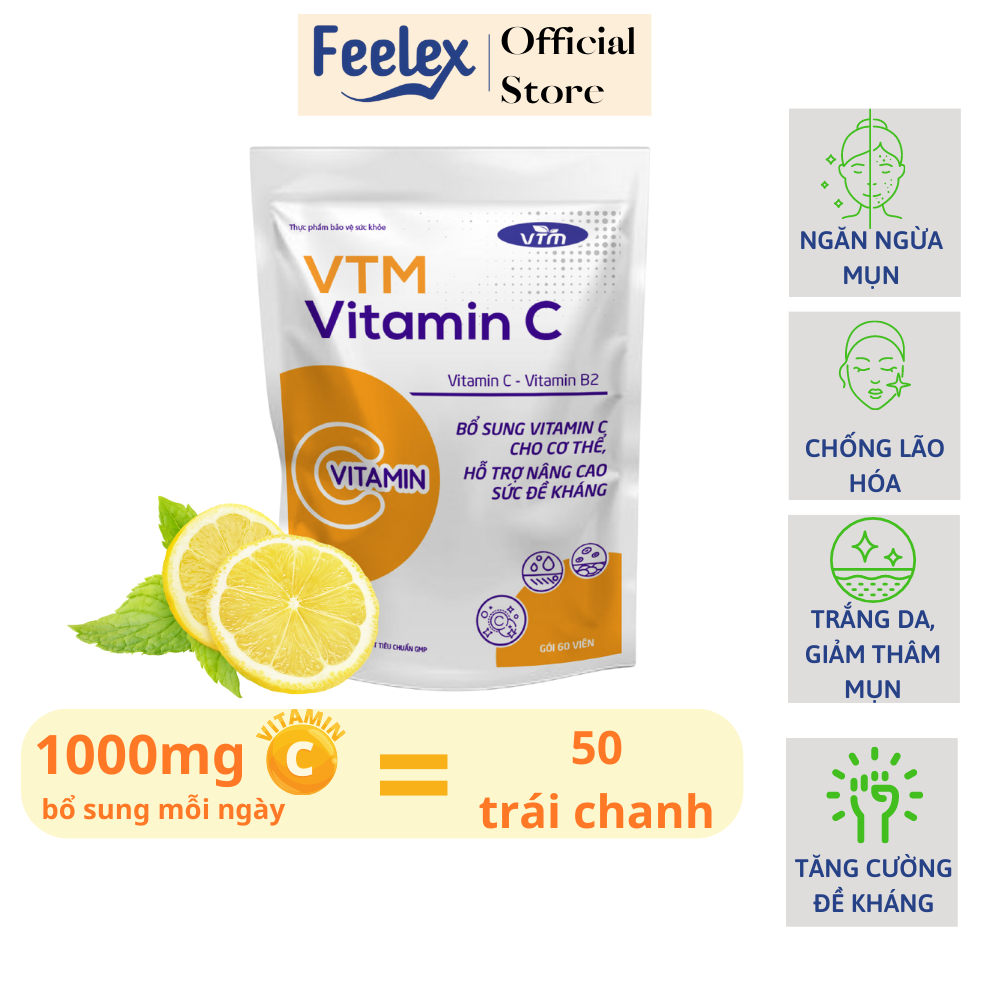Viên uống VTM Vitamin C bổ sung vitamin C, sáng da, mờ thâm, tăng đề kháng gói 60 viên (30 ngày)