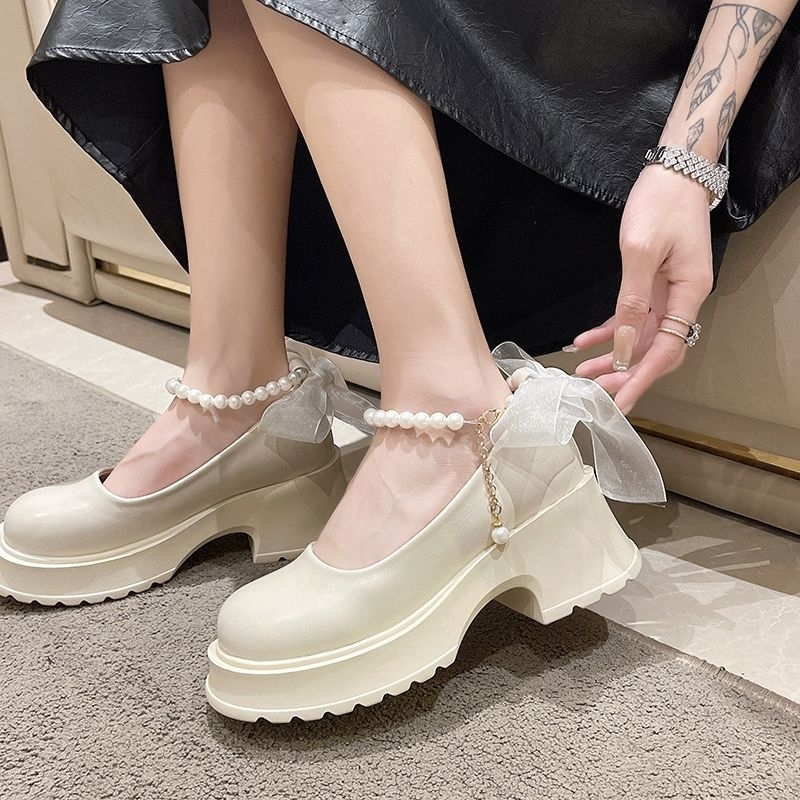 Giày Búp Bê Ulzzang Nữ Quai Nơ + Hạt ngọc Đế sóng 6 phân CỰC XINH!!!