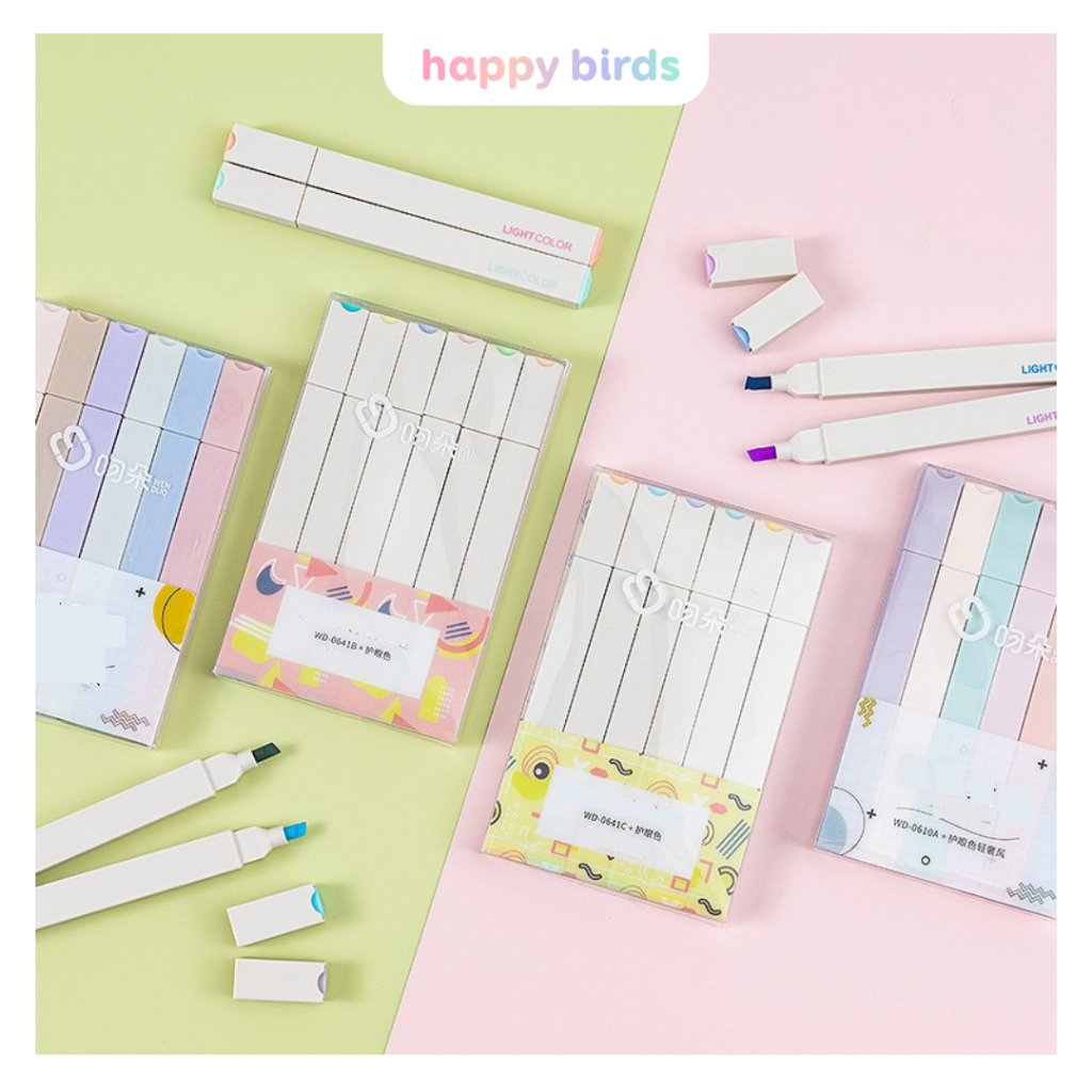 Bút Highlight set 6 bút dạ quang màu Pastel thân trắng 1 đầu vát đánh dấu ghi nhớ ghi chú sổ tay sổ bullet journal