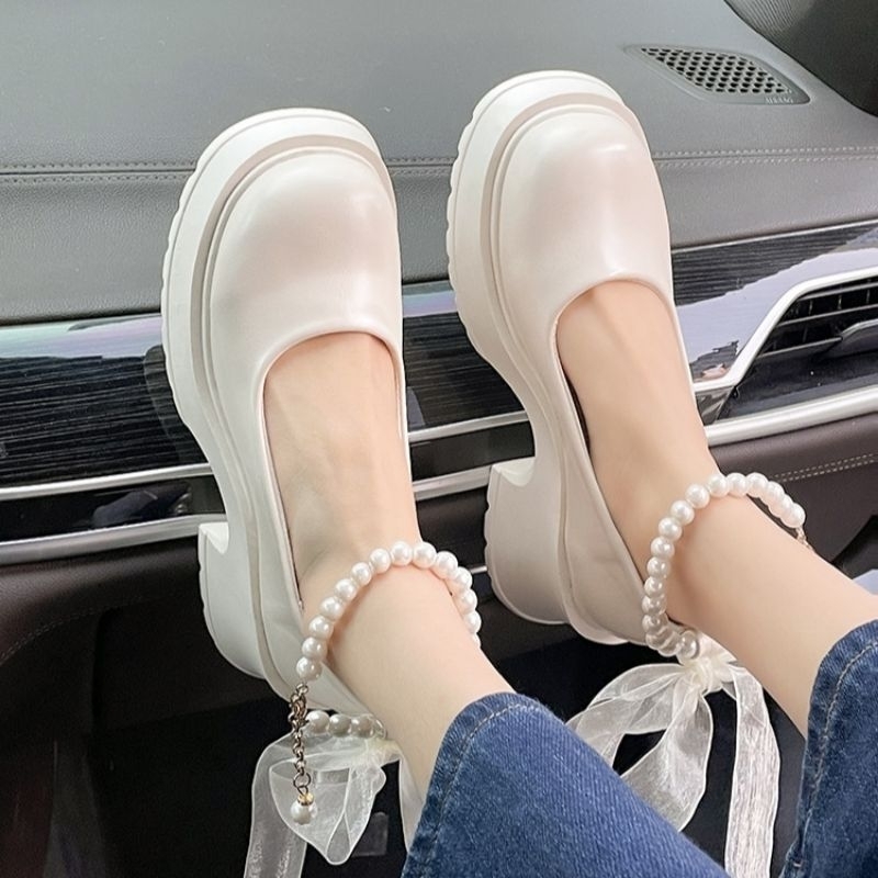 Giày Búp Bê Ulzzang Nữ Quai Nơ + Hạt ngọc Đế sóng 6 phân CỰC XINH!!!