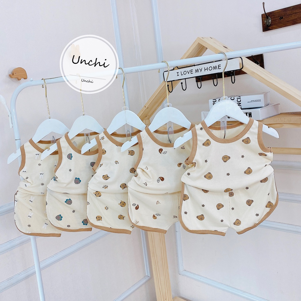 Bộ ba lỗ chất tăm lạnh xuất Hàn màu be in họa tiết cho bé trai bé gái 6-15kg