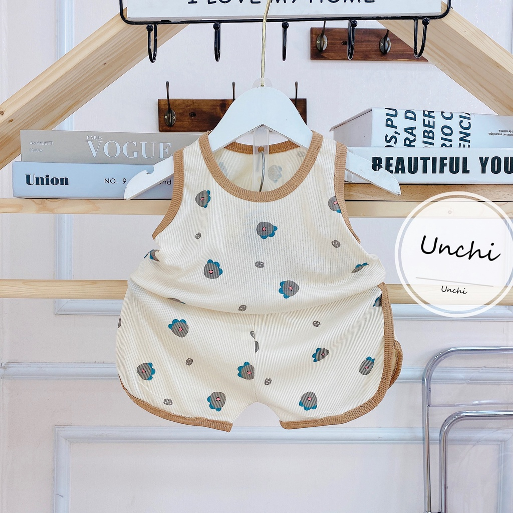 Bộ ba lỗ chất tăm lạnh xuất Hàn màu be in họa tiết cho bé trai bé gái 6-15kg