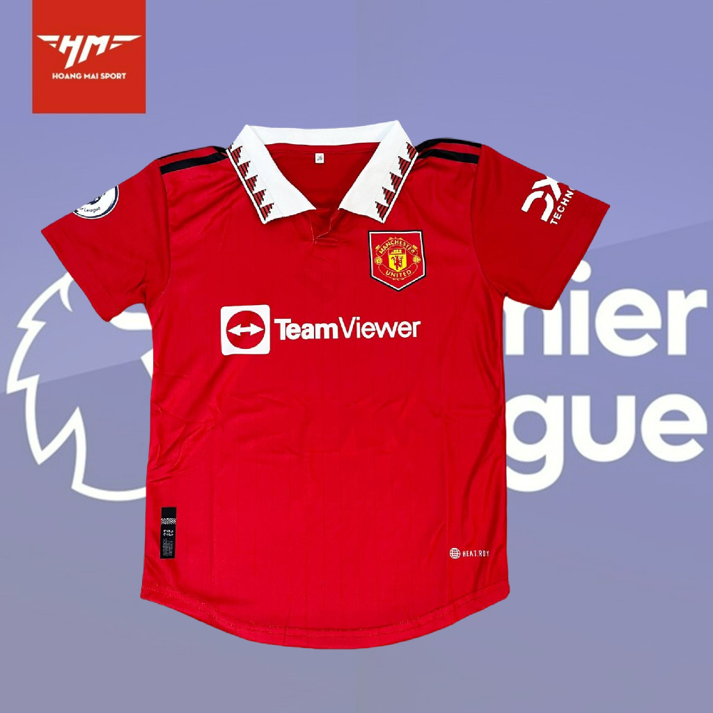 Áo đá banh trẻ em MU- quần áo đá bóng CLB Manchester United cổ bẻ quần đen chất vải thun thái