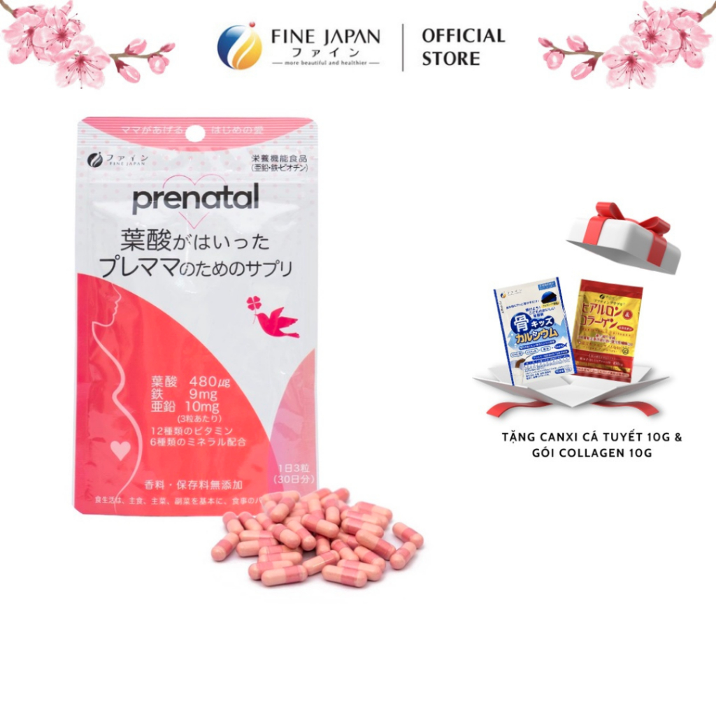 Vitamin bà bầu Prenatal FINE JAPAN 12 loại vitamin & 6 loại khoáng chất (90 Viên cho 30 ngày dùng)