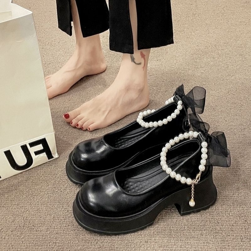 Giày Búp Bê Ulzzang Nữ Quai Nơ + Hạt ngọc Đế sóng 6 phân CỰC XINH!!!