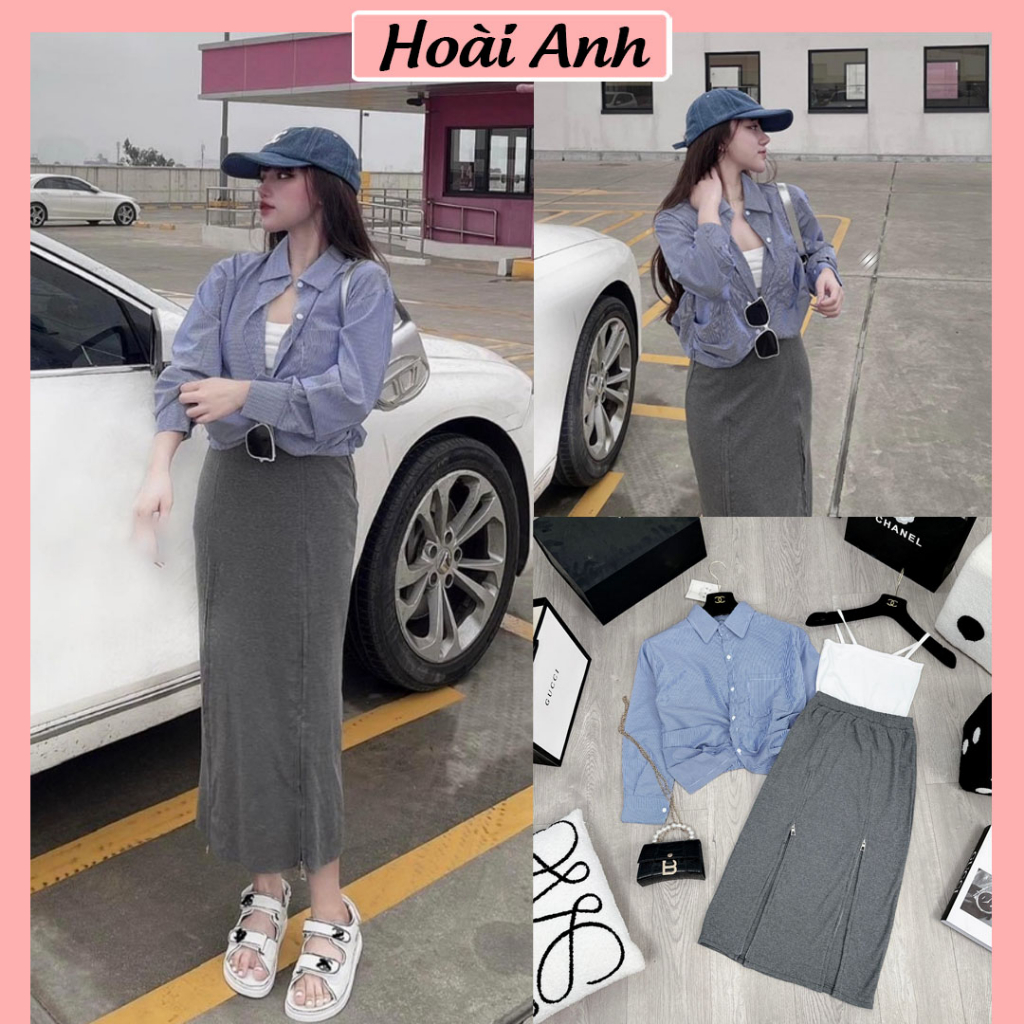 Set 3 Món Áo Sơ Mi Xanh Kẻ Sọc Mix Chân Váy Dáng Dài Xẻ Khóa Kéo Kèm Áo 2 Dây Trắng Freesize