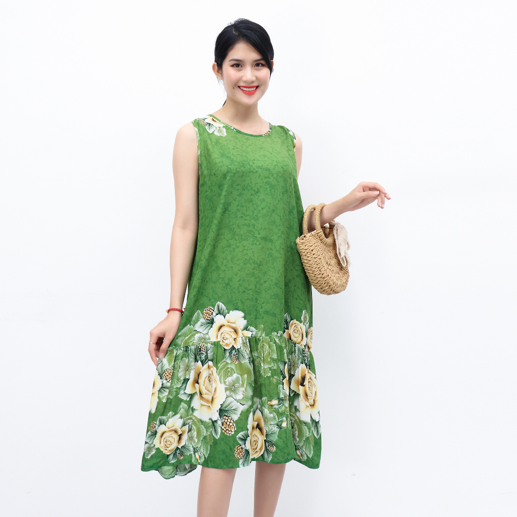 Đầm Trung Niên Dáng Suông Đuôi Cá họa tiết thổ cẩm AMYRA - Đầm Mặc Nhà Cho Mẹ chất lanh thái siêu thoáng mát Va021