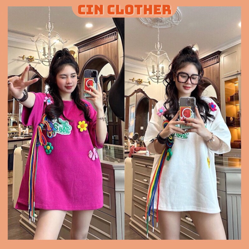 Áo Phông Đính Bông Hoa Thêu Nổi Phối Dây Cầu Vồng Chất Cotton Mịn hàng Quảng Châu Cao Cấp