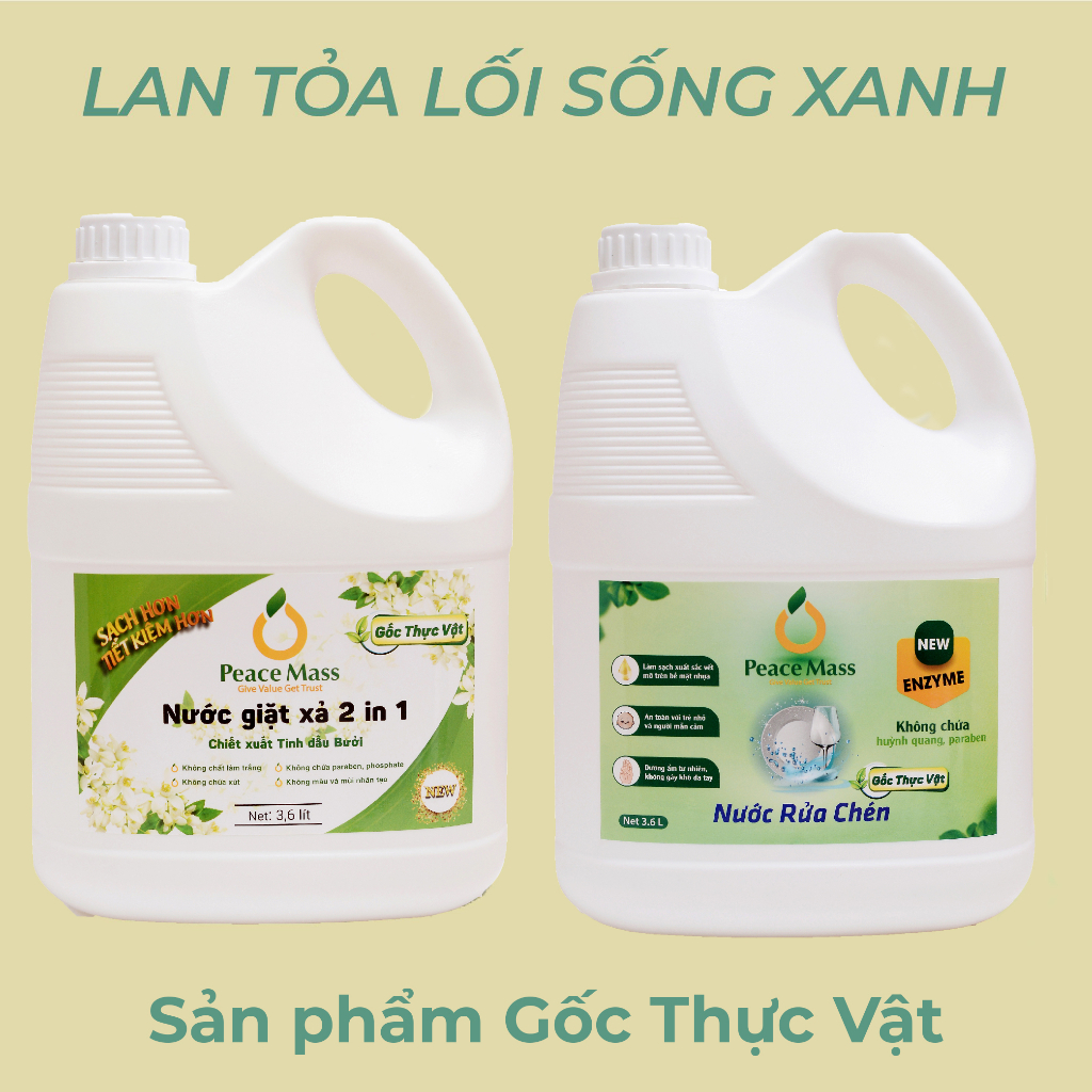 [THUỘC NHÓM SẢN PHẨM LÀNH TÍNH/HỮU CƠ]NGB3 Combo Gốc Thực Vật Peace Mass Nước Giặt Xả 2 in 1 3.6 lít + Nước R