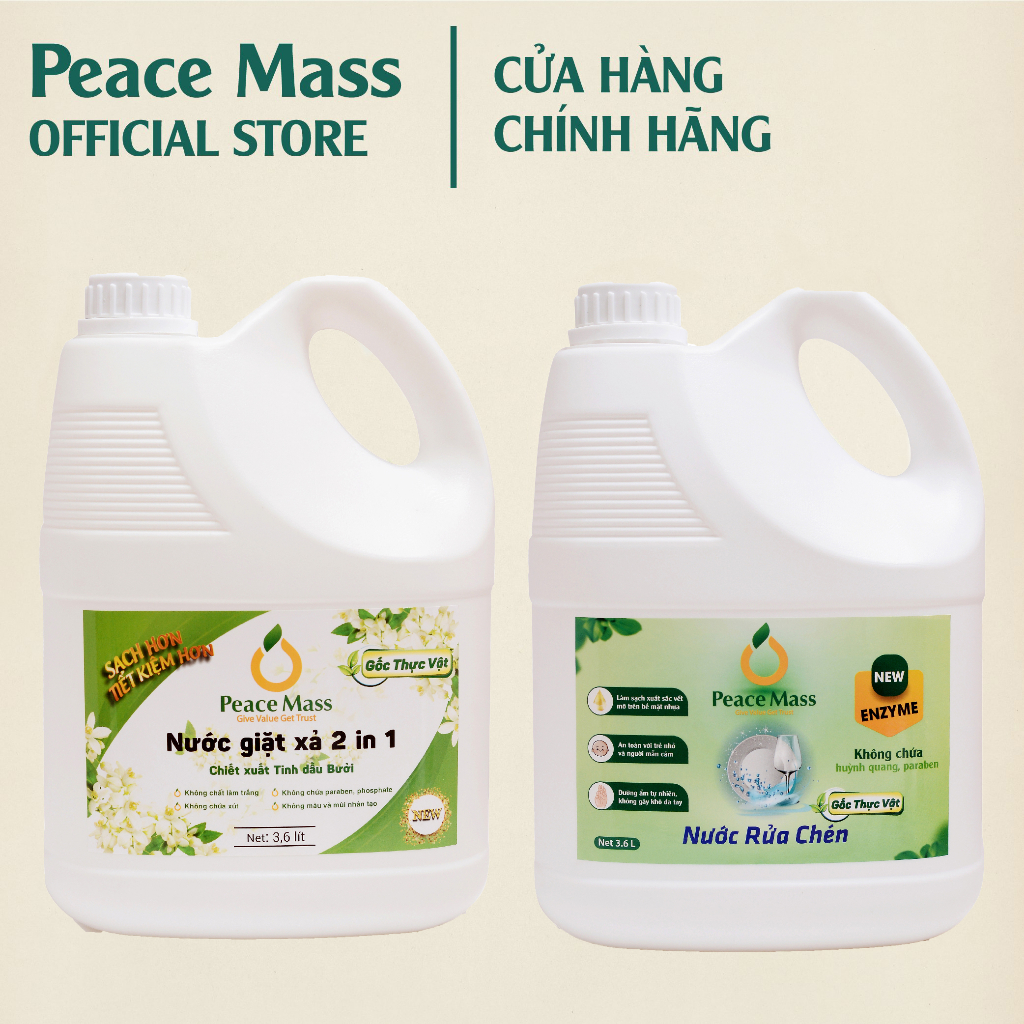 [TỰ NHIÊN] [THUỘC NHÓM SẢN PHẨM LÀNH TÍNH/HỮU CƠ]NGB3 Combo Gốc Thực Vật Peace Mass Nước Giặt Xả 2 in 1 3.6 lít + Nước R