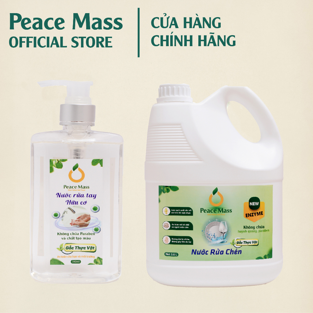 [THUỘC NHÓM SẢN PHẨM LÀNH TÍNH/HỮU CƠ] RCB1 Combo Gốc Thực Vật Peace Mass Nước Rửa Chén 3.6 lít + Nước Rửa Tay 340ml