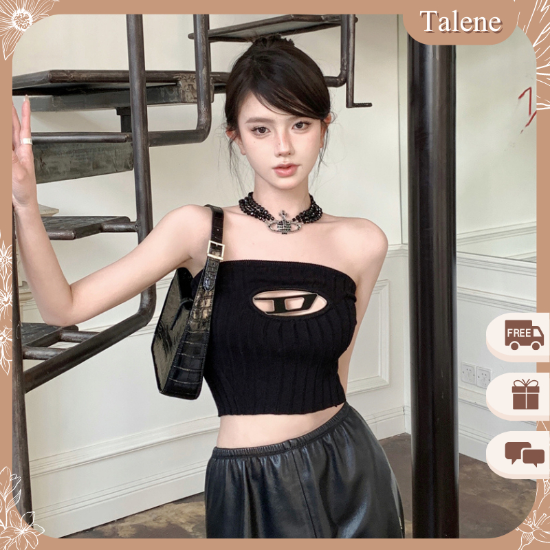Áo Ống Croptop Thun Gân Dệt Kim Khoét Ngực Logo Chữ D Phong Cách Quyến Rũ Thời Trang Talene TOP NU 074V2
