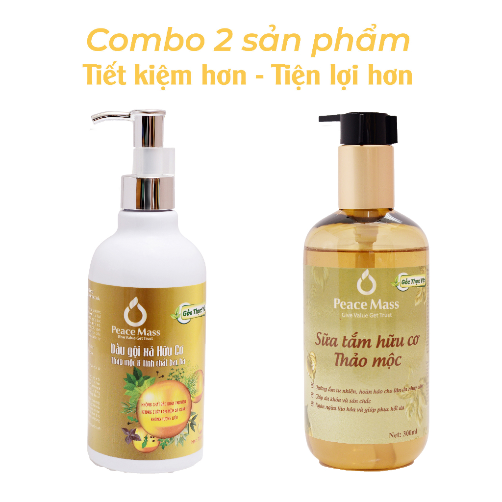 Combo Dầu Gội Xả 300ml + Sữa Tắm Thảo Mộc 300ml  Peace Mass - Gốc Thực Vật Hữu Cơ Lành Tính Cho Da [DGXC2]