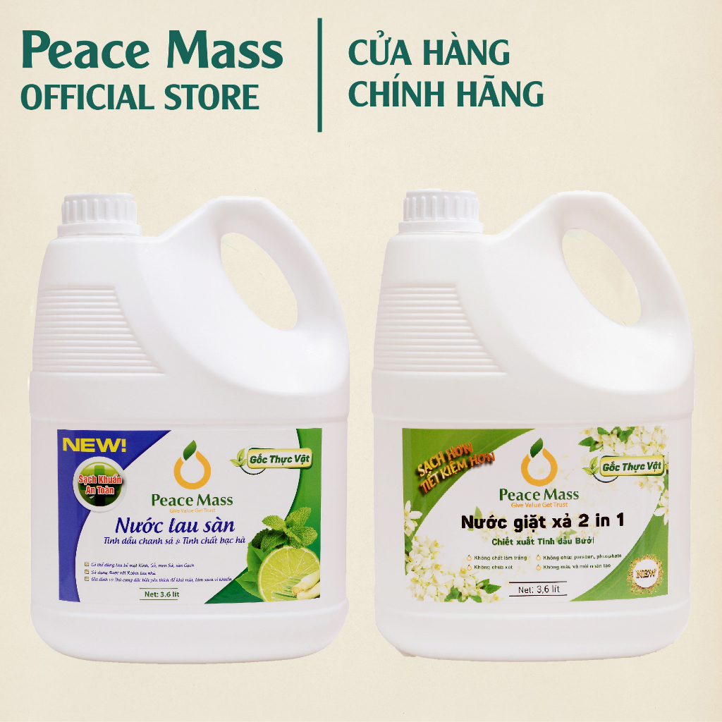 [TINH DẦU]NGB4 Combo Gốc Thực Vật Peace Mass Nước Giặt Xả 2in1+ lau Sàn TD Chanh Sả -Bạc Hà 3.6 lít