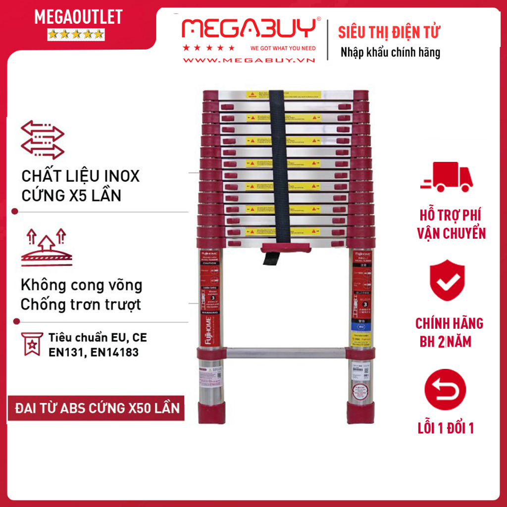 Thang Inox rút đơn 3,8m - 4,4m - 5.4m gấp gọn Nhập Khẩu FUJIHOME, khóa tự động thang nhôm xếp gọn telescopic ladder