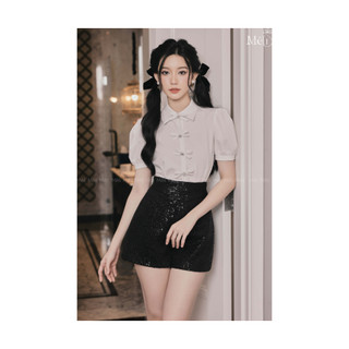 Áo sơ mi trắng tay bồng đính nơ-Quần sooc kim sa-Thiết kế cao cấp Méli