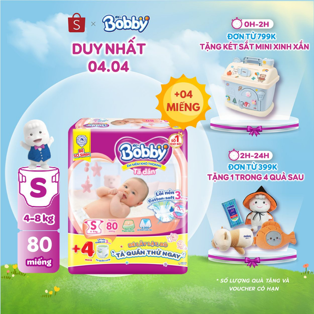 Tã dán Bobby lõi nén cotton-soft 3mm S 80 miếng (tặng 2 miếng quần size M)