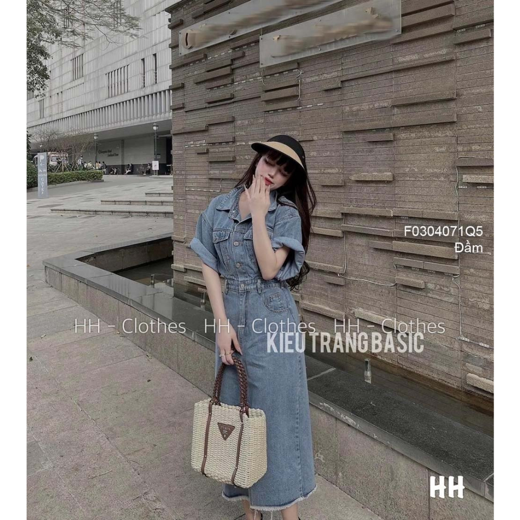 Đầm jean xẻ tà trước tay lỡ hàng QC