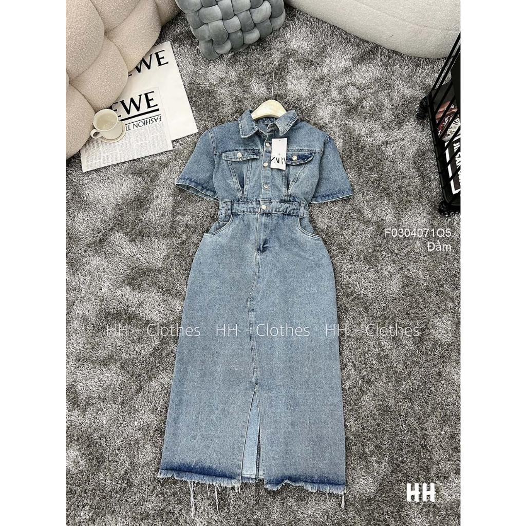 Đầm jean xẻ tà trước tay lỡ hàng QC
