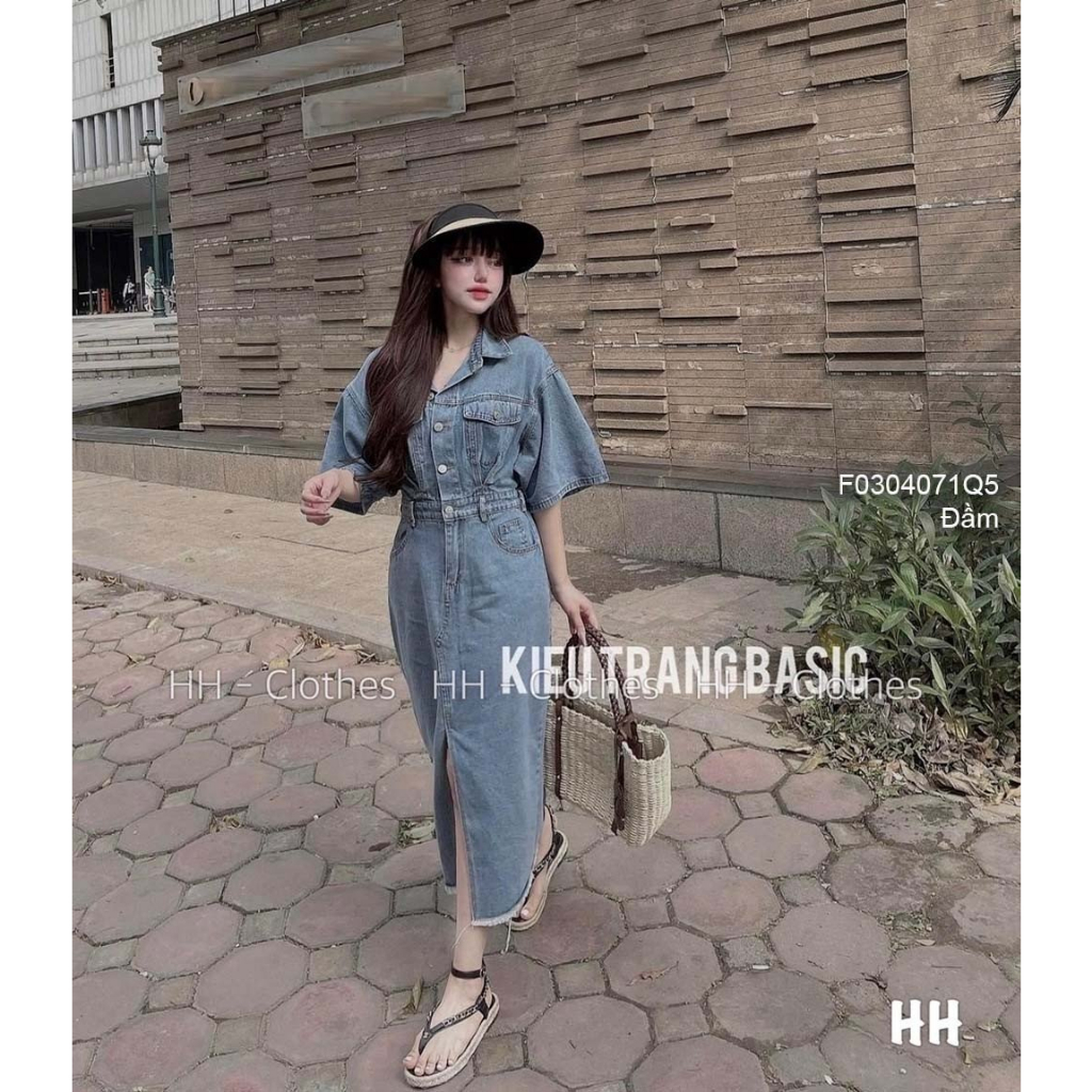 Đầm jean xẻ tà trước tay lỡ hàng QC