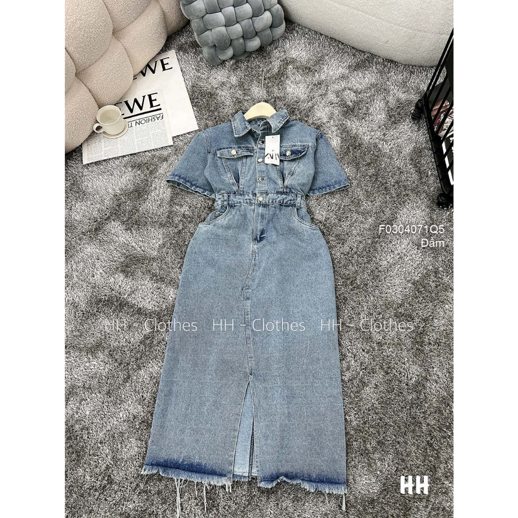 Đầm jean xẻ tà trước tay lỡ hàng QC