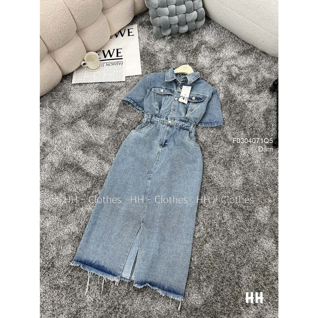 Đầm jean xẻ tà trước tay lỡ hàng QC