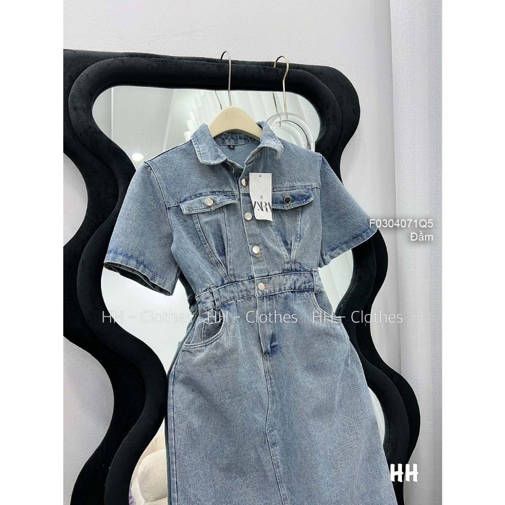 Đầm jean xẻ tà trước tay lỡ hàng QC