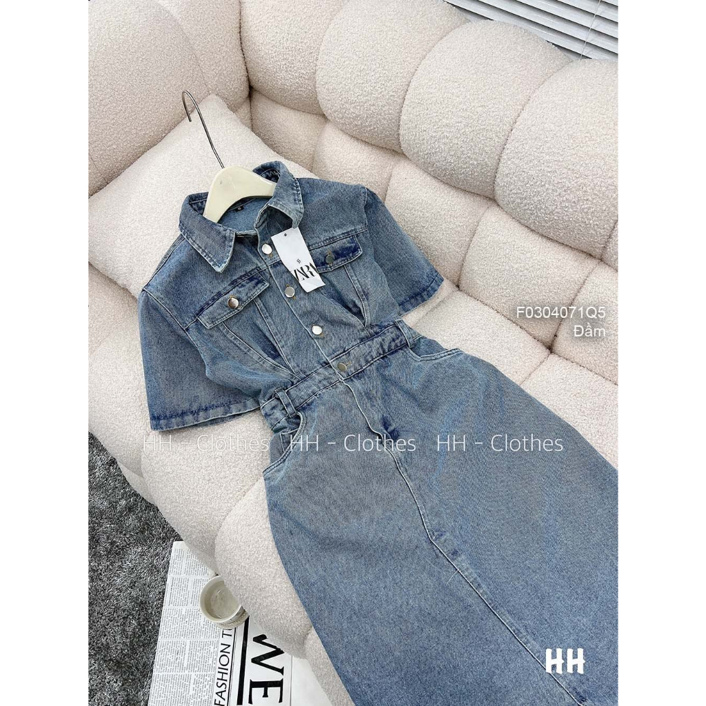 Đầm jean xẻ tà trước tay lỡ hàng QC