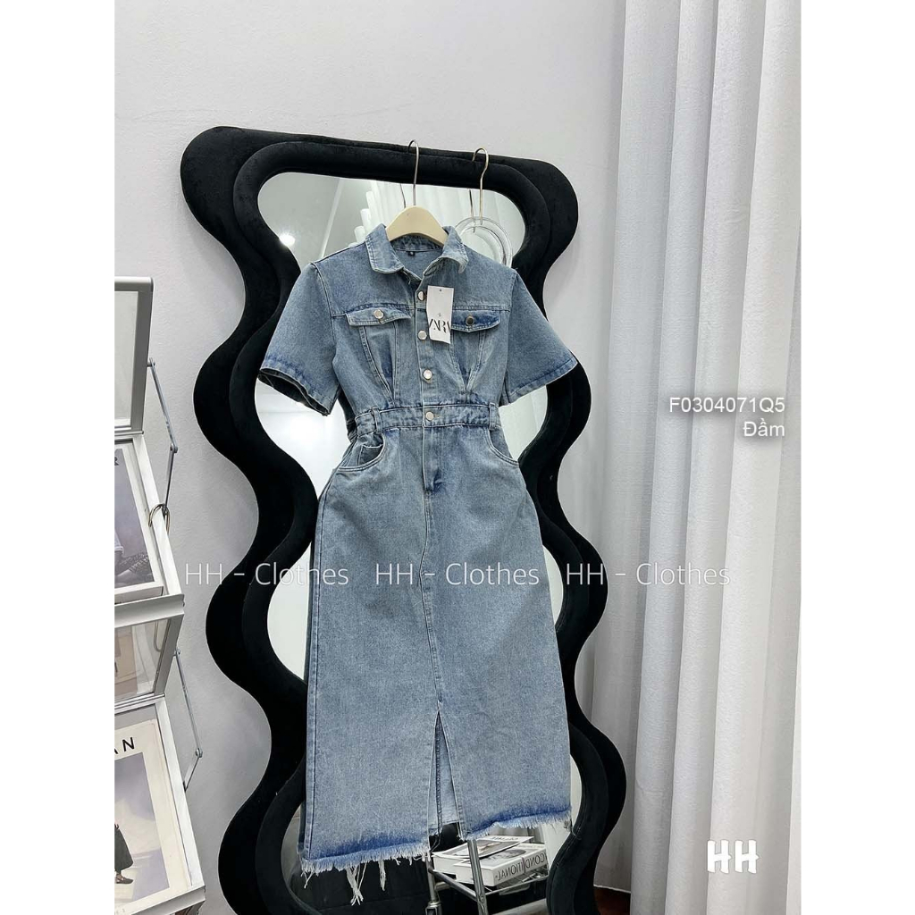 Đầm jean xẻ tà trước tay lỡ hàng QC