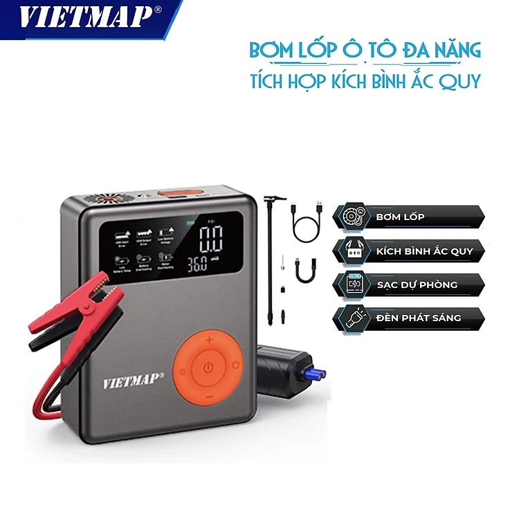 VIETMAP DK-MF139 - Bơm Lốp Đa Năng Kết Hợp Kích Bình Ắc Quy, sạc dự phòng, đèn pin phát sáng- Hàng chính hãng
