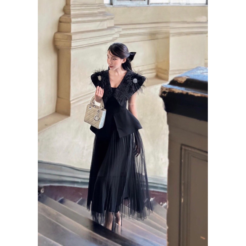 Áo peplum thiết kế cổ V cách điệu + chân váy dài kiểu dáng thanh lịch váy thiết kế