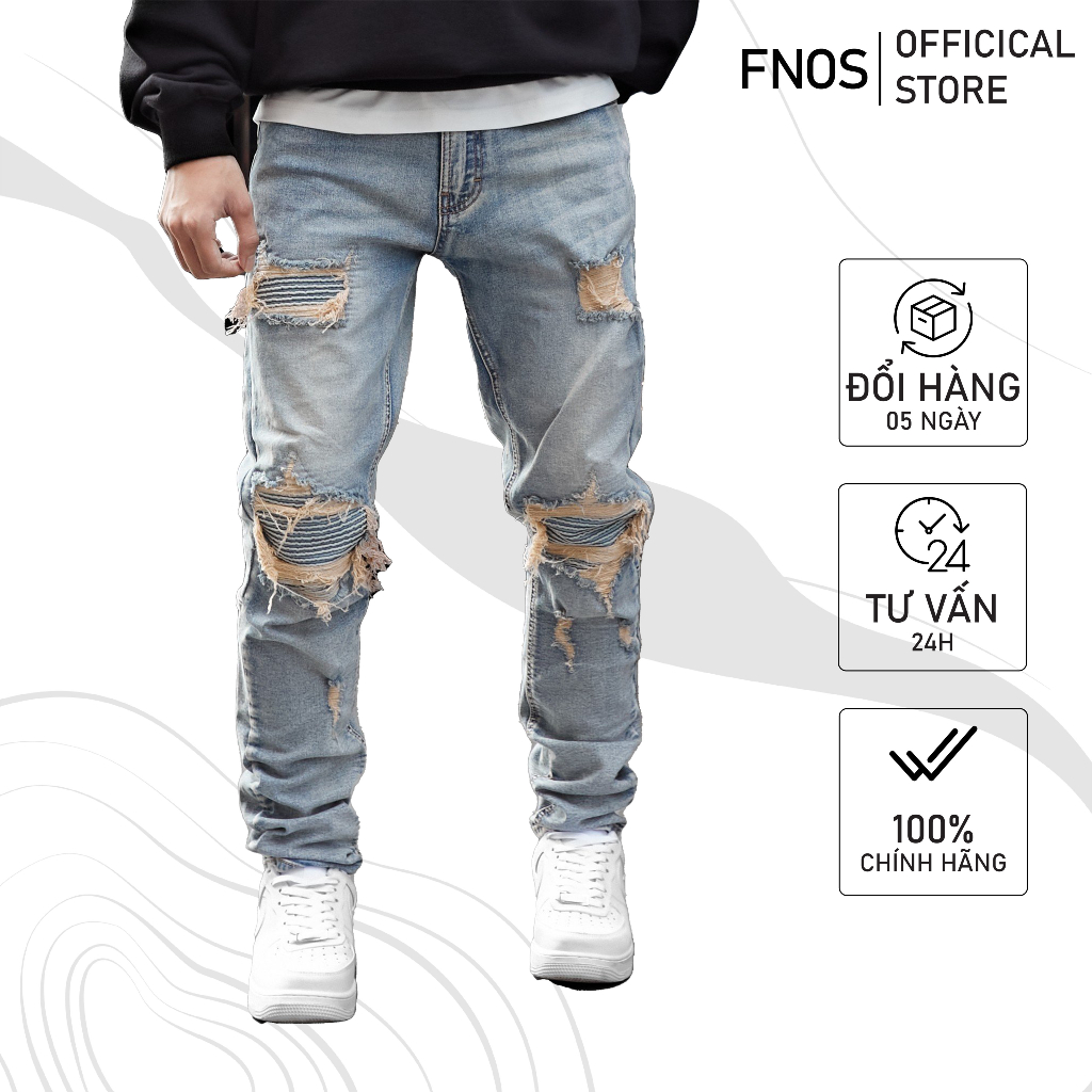 Quần biker jean nam streetwear cao cấp FNOS NZ51 màu xanh wash form slimfit jean thun co giãn.