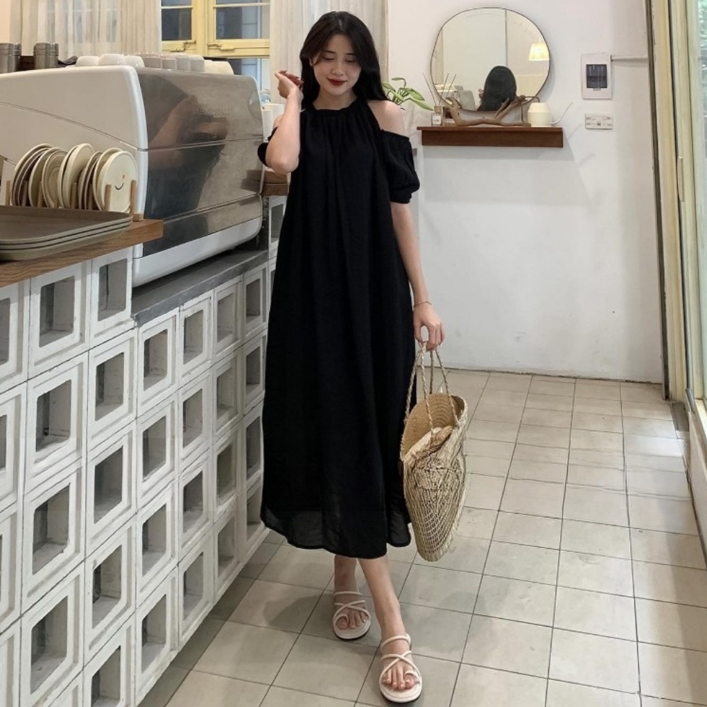 Đầm Suông Hở Vai Dáng Dài Misoul, Váy Maxi Khoét Vai Chất Liệu Đũi Lạnh FreeSize 166