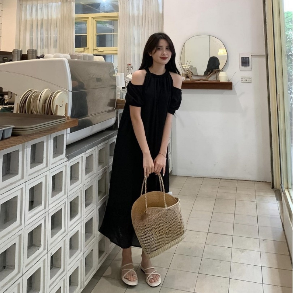 Đầm Suông Hở Vai Dáng Dài Misoul, Váy Maxi Khoét Vai Chất Liệu Đũi Lạnh FreeSize 166