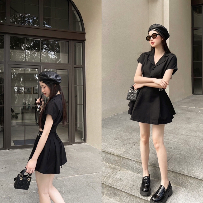 Sét đồ nữ áo crop cổ sơ mi tay ngắn chéo bụng chân váy dáng chữ A xếp ly xoè