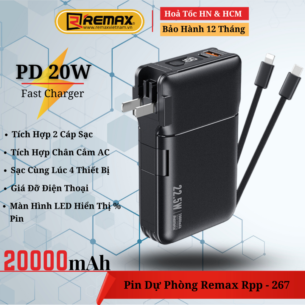 Sạc Dự Phòng Đa Năng Kèm Cáp 20000mAh Sạc Nhanh 22.5W 30 Phút Đầy 50% Pin- Remax Việt Nam RPP-267 - Bảo Hành 12 Tháng