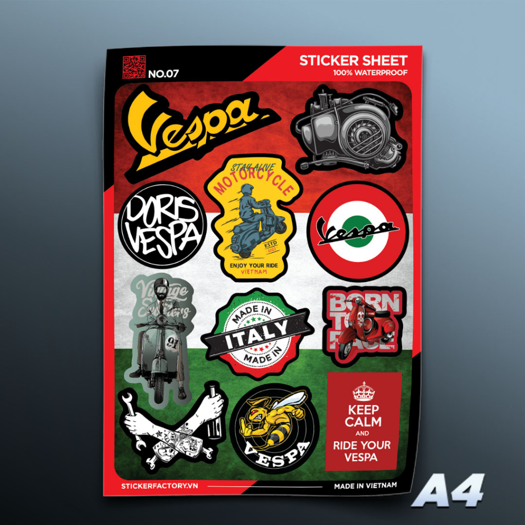 NO.07 VESPA - Sticker Sheet A4 hình dán cao cấp chống thấm nước - Sticker Factory
