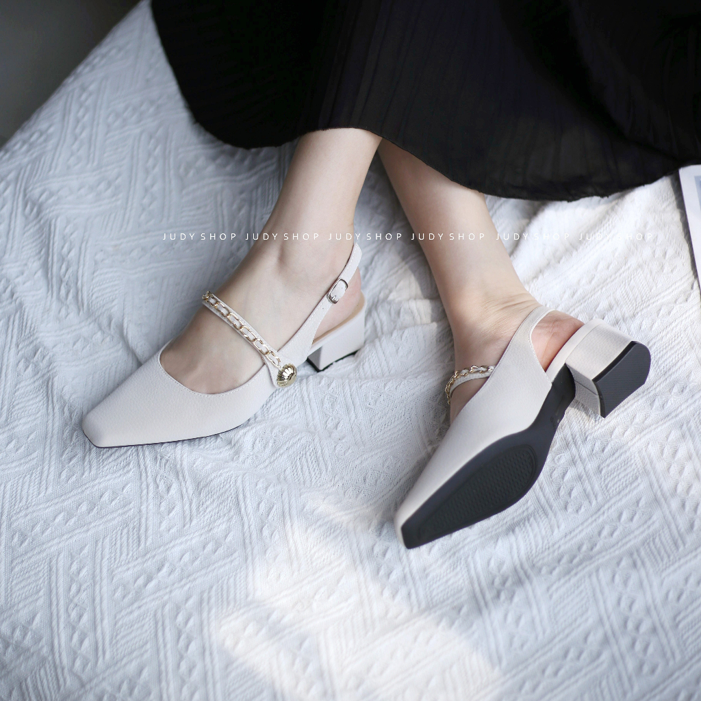 Giày Judy- Sandal Slingback Meibaiyi Mũi Vuông Quai Ngang Phối Xích 5p QCCC