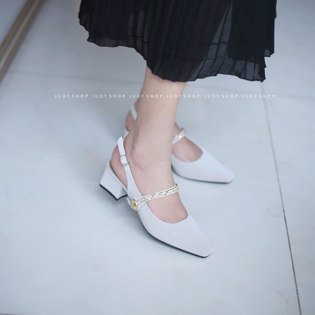Giày Judy- Sandal Slingback Meibaiyi Mũi Vuông Quai Ngang Phối Xích 5p QCCC