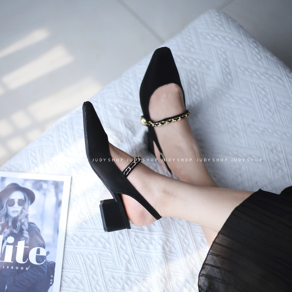 Giày Judy- Sandal Slingback Meibaiyi Mũi Vuông Quai Ngang Phối Xích 5p QCCC