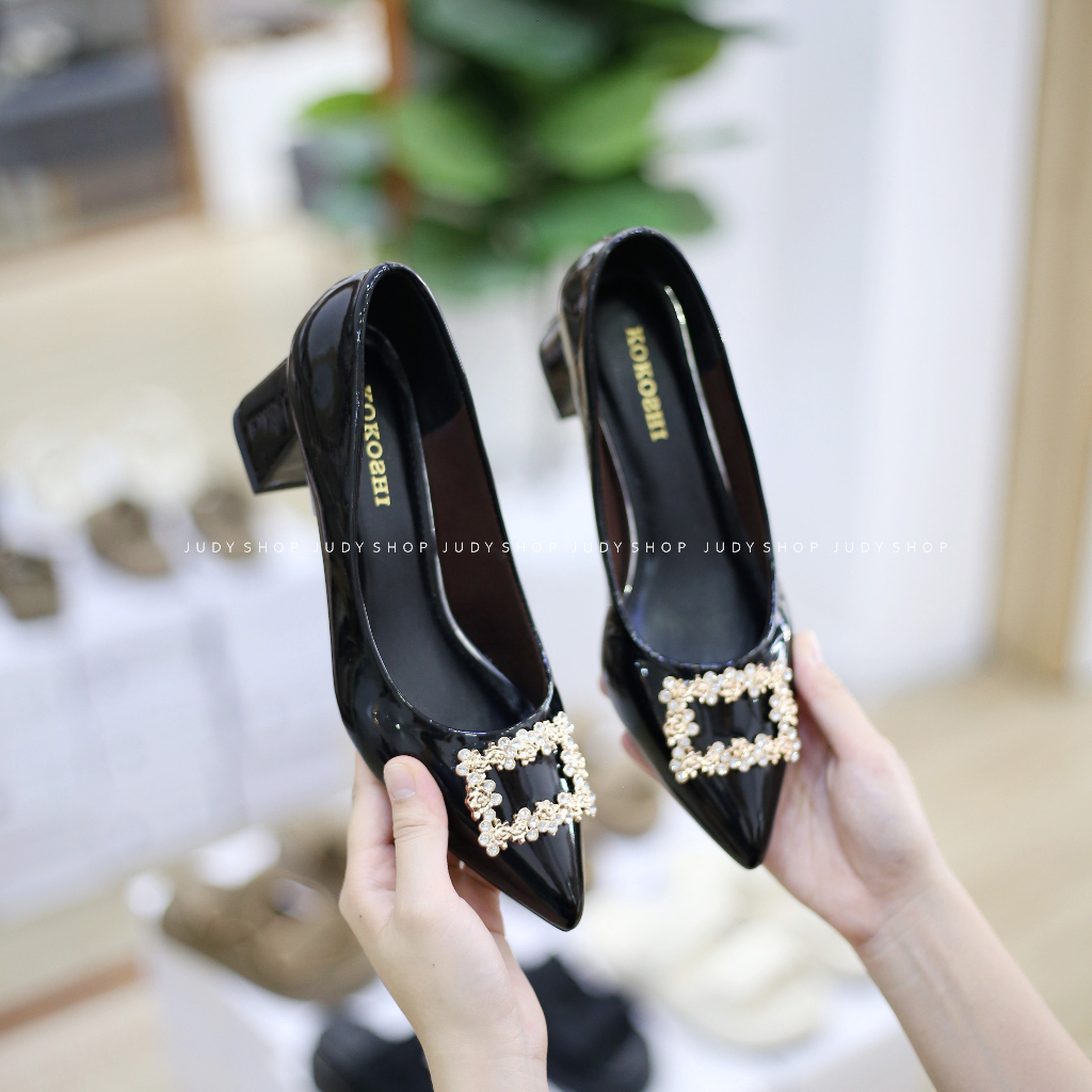 Giày Gót Vuông KOKOSHI Khuy Hoạ Tiết Cao 5p VNXK