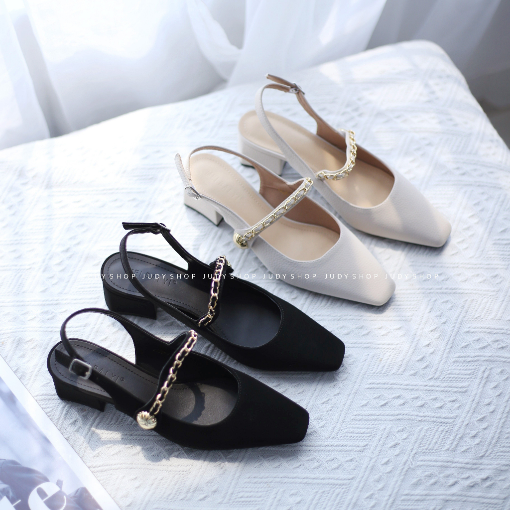 Giày Judy- Sandal Slingback Meibaiyi Mũi Vuông Quai Ngang Phối Xích 5p QCCC