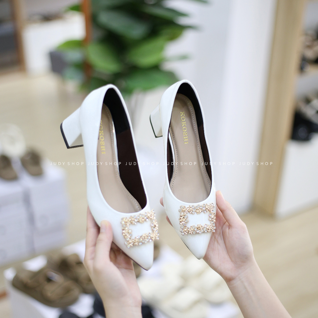 Giày Gót Vuông KOKOSHI Khuy Hoạ Tiết Cao 5p VNXK