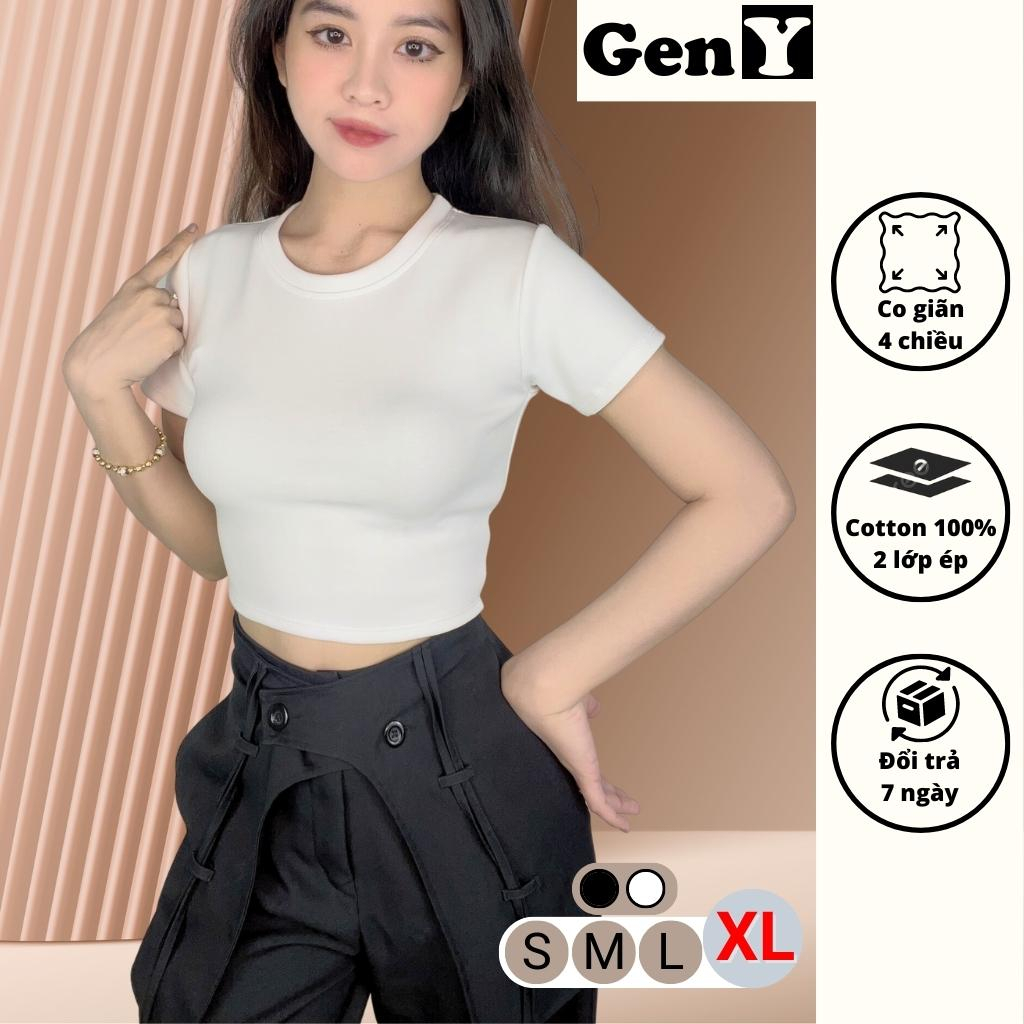 Áo croptop nữ ngắn tay cổ tròn kiểu basic GenY, Áo kiểu nữ ôm body chất borip dày dặn co dãn tốt -C38-