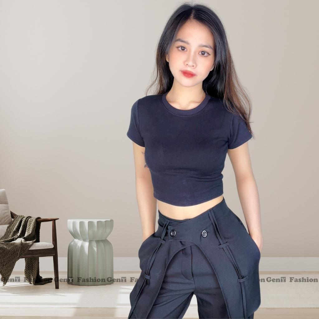 Áo croptop nữ ngắn tay cổ tròn kiểu basic GenY, Áo kiểu nữ ôm body chất borip dày dặn co dãn tốt -C38-