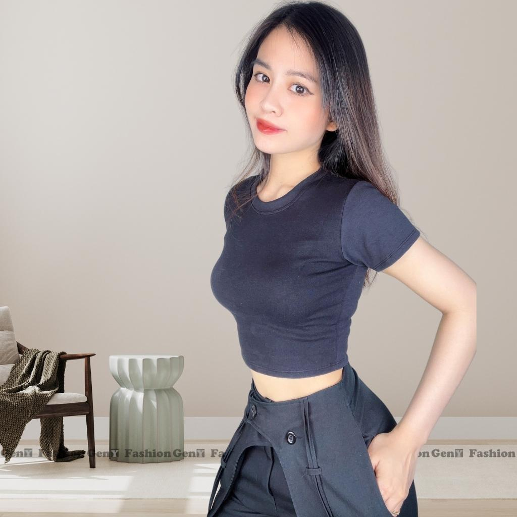 Áo croptop nữ ngắn tay cổ tròn kiểu basic GenY, Áo kiểu nữ ôm body chất borip dày dặn co dãn tốt -C38-